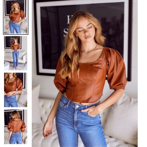 Gradey Faux Leather Puff Sleeve Top NWT - Picture 1 of 4